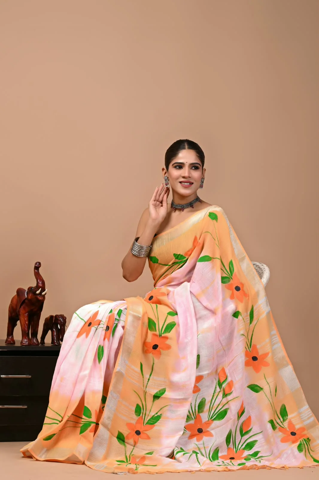 Light Orange Bagru Hand Block Printend Soft Linen Fabric Saree
